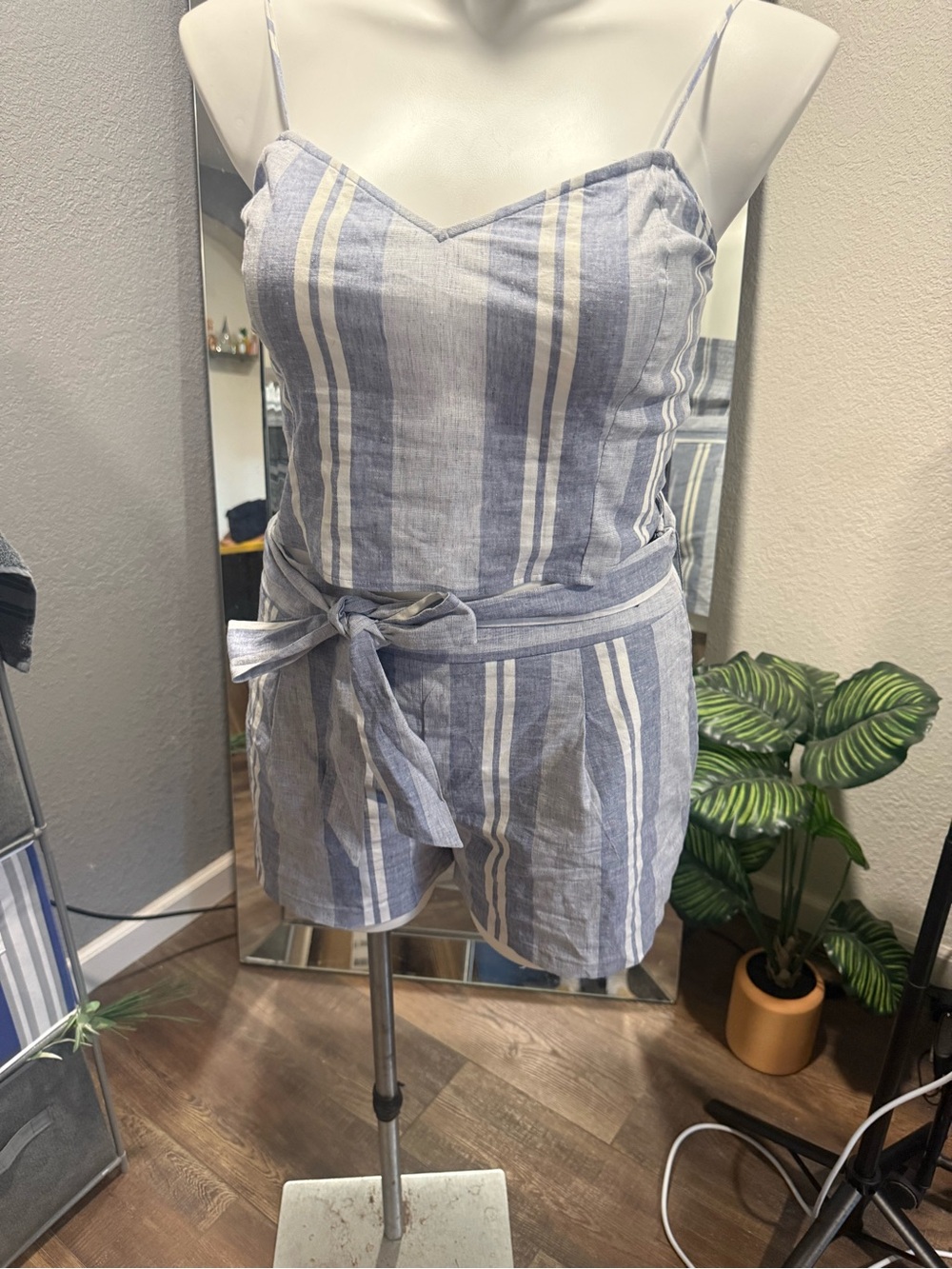 Express Blue & White Striped Tank and Shirt Set with Tie Waist Belt